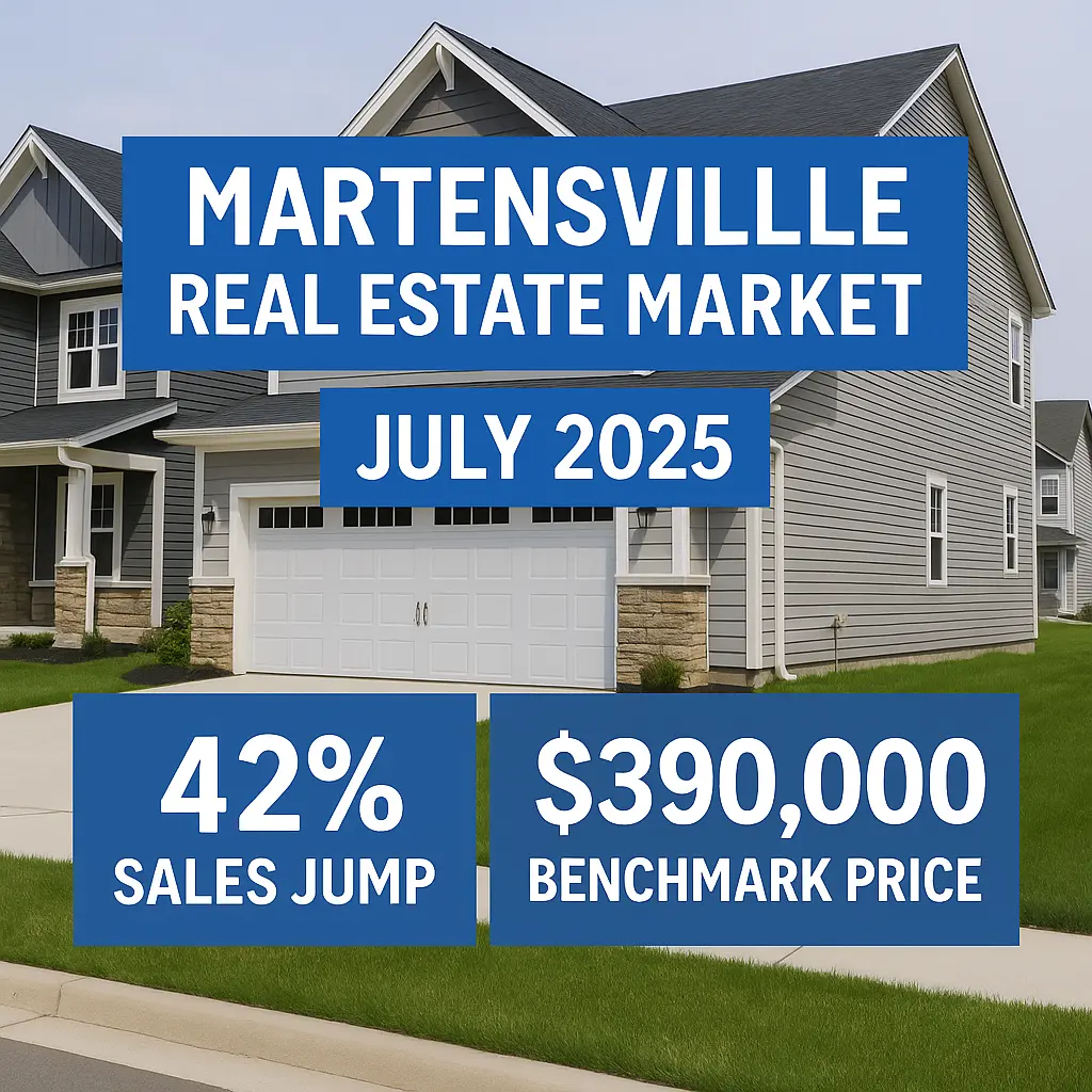 Martensville homes with market overlay showing July 2025 real estate stats: 42% sales increase and $390,000 benchmark price